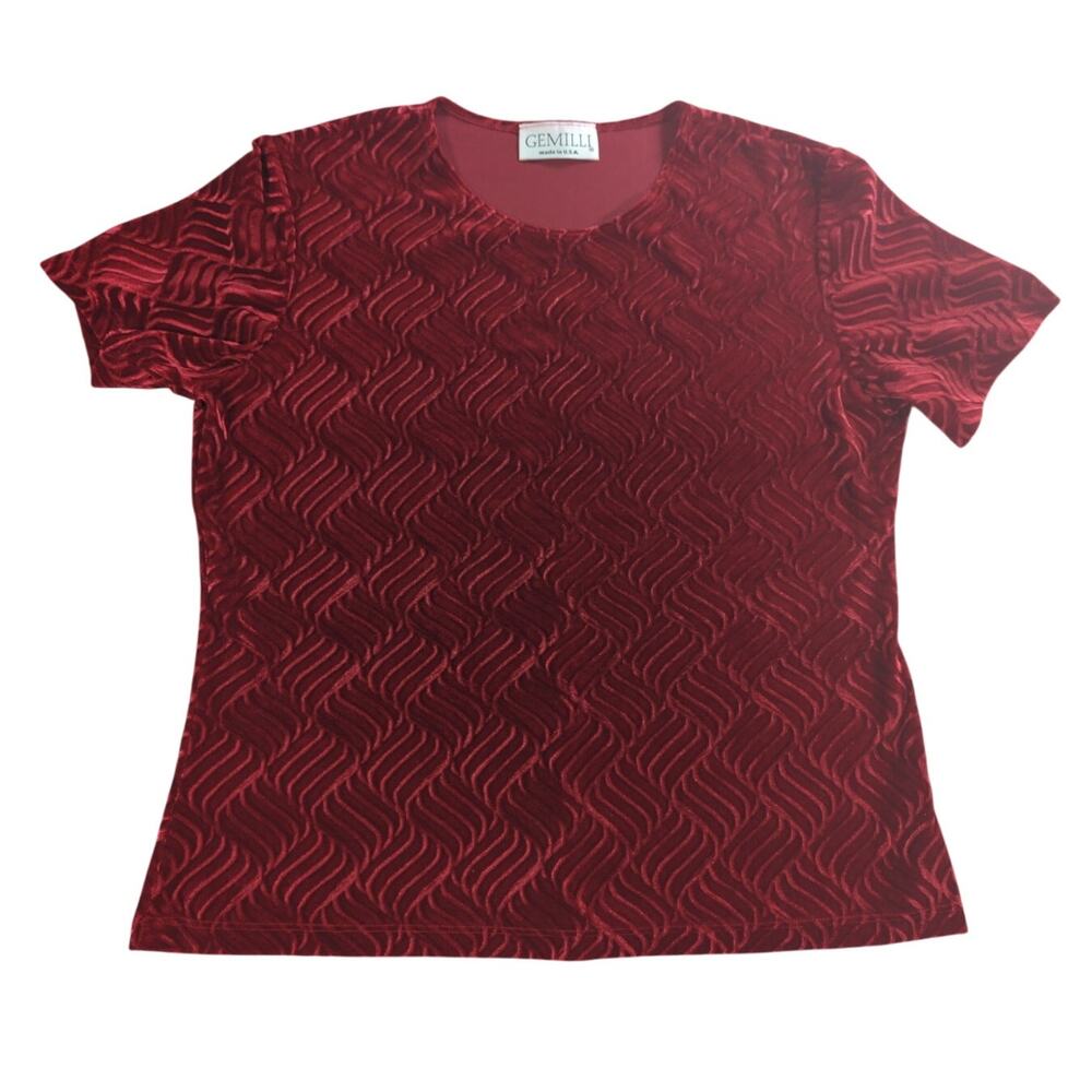 Vintage Gemilli Top L Red Burnout Velvet Textured Shirt Made USA Stretch 90s